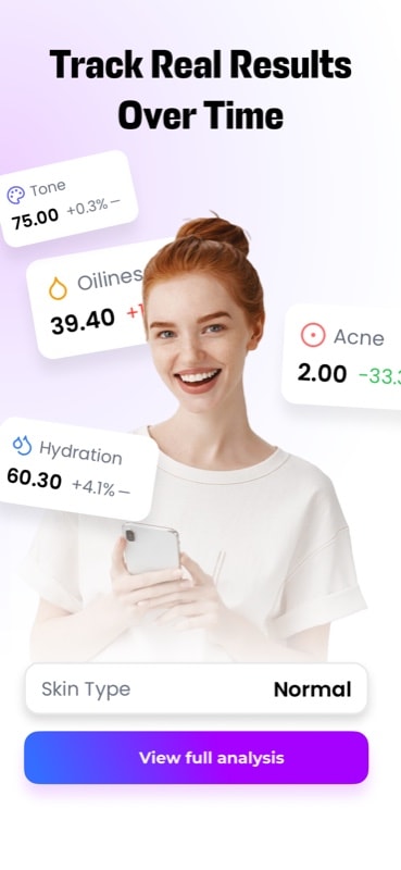 AI analyzing skin metrics - tracking hydration, oiliness, texture scores with daily progress monitoring