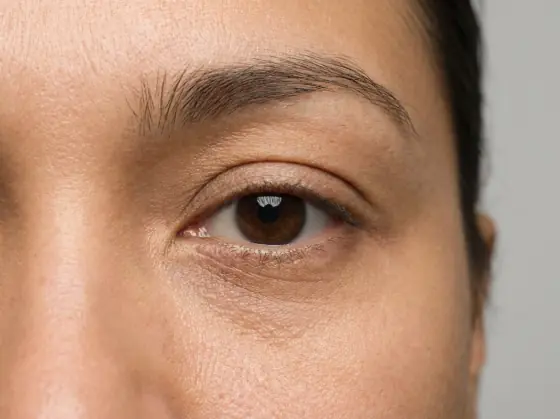 Hooded eye shape: upper fold covers the crease and most of the mobile lid
